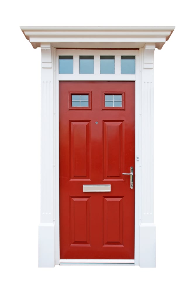 red door on white background.