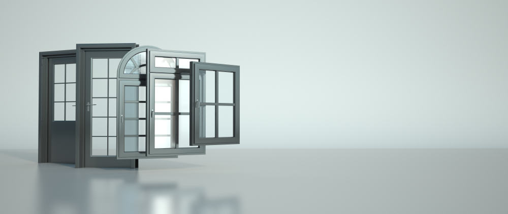 3d rendering of a selection of doors and windows.